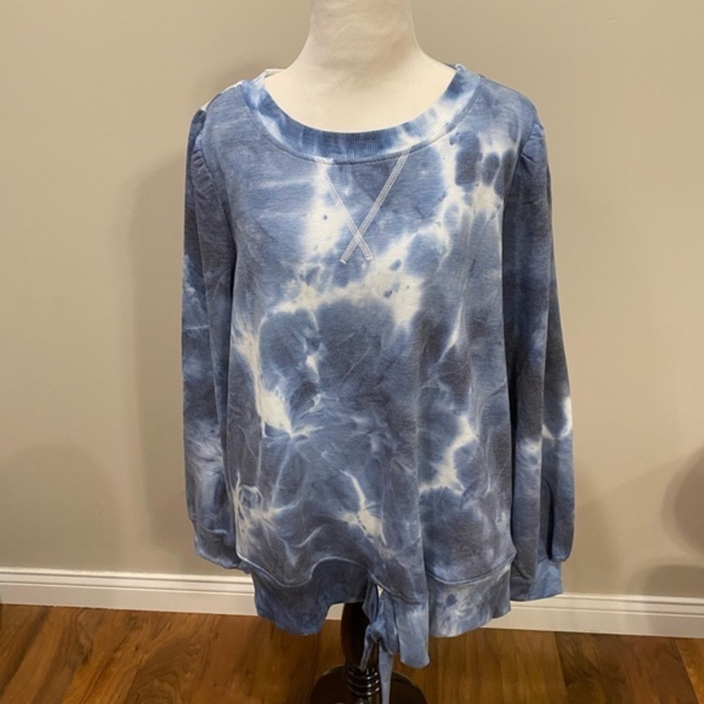 The Sweatshirt Project Blue and White Tie Front Relaxed Sweatshirt